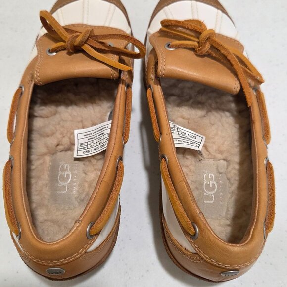 Ugg Duck Shoes Women's Size 6 Leather/Patent Leather Ashdale Tan Off White - Picture 5 of 12